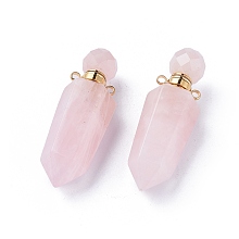 Honeyhandy Faceted Natural Rose Quartz Openable Perfume Bottle Pointed Pendants, with Golden Plated 304 Stainless Steel Findings, Bullet, 44~46x15x13~13.5mm, Hole: 1.8mm, Bottle Capacity: 1ml(0.034 fl. oz)