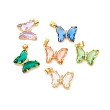 Honeyhandy Glass Pendants, with Brass Clear Micro Pave Cubic Zirconia, Butterfly, Golden, Mixed Color, 24x21x4mm, Hole: 5.5x3.5mm