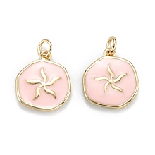 Honeyhandy Brass Enamel Pendants, with Jump Rings, Long-Lasting Plated, Flat Round, Pink, Real 18K Gold Plated, 16.5x14.5x2.5mm, Hole: 3.5mm