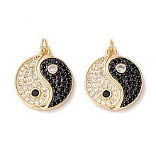 Honeyhandy Rack Plating Brass Micro Pave Clear & Black Cubic Zirconia Pendants, Long-Lasting Plated, Cadmium Free & Lead Free, Flat Round with Yin Yang, Real 18K Gold Plated, 20.5x18x2.5mm, Hole: 3.6mm