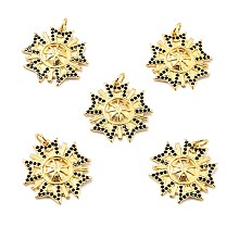 Brass Micro Pave Cubic Zirconia Pendants, with Jump Ring, Real 18K Gold Plated, Long-Lasting Plated, Lead Free & Cadmium Free & Nickel Free, Flower, Black, 22x22x2.5mm, Jump Ring: 5x1mm, 3mm Inner Diameter