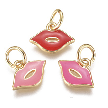 Honeyhandy Real 18K Gold Plated Brass Enamel Charms, Makeup Charms, Long-Lasting Plated, Lip, Mixed Color, 8x11x1mm, Hole: 3mm