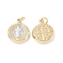 Honeyhandy Brass Pendants, Cadmium Free & Lead Free, with Jump Ring, Flat Round with Flat Round with Cssml Ndsmd Cross God Father Religious Christianity, Real 18K Gold Plated & Platinum, Mixed Color, 18x15x3.5mm, Ring: 5x0.8mm, Hole: 3.3mm