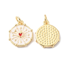 Honeyhandy Rack Plating Brass Pendants with Jump Ring, with Enamel, Long-Lasting Plated, Real 18K Gold Plated, Cadmium Free & Lead Free, Flat Round with Heart, White, 15x12.5x2mm, Hole: 3mm