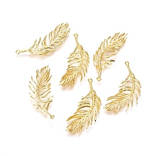 Honeyhandy Brass Pendants, Feather, Real 18K Gold Plated, 37.5x12.5x1.5mm, Hole: 1.2mm