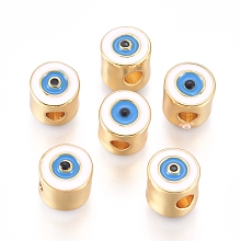 Honeyhandy Brass Enamel Beads, Column with Evil Eye, Golden Plated, Golden, 7.5x7mm, Hole: 2.5mm