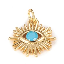 Honeyhandy Brass Micro Pave Cubic Zirconia Pendants, Sun with Blue Eye, Real 18K Gold Plated, 16.9x15.7x3mm, Hole: 3mm, Jump Ring: 5x0.8mm