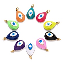 Honeyhandy Brass Enamel Pendants, Real 18K Gold Plated, Long-Lasting Plated, Teardrop with Evil Eye, Mixed Color, 21x13x7mm, Hole: 3.6mm