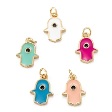 Honeyhandy Brass Enamel Pendants, Long-Lasting Plated, Real 18K Gold Plated, Hamsa Hand, Mixed Color, 13x9x1.5mm, Hole: 2.8mm