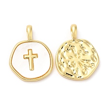 Honeyhandy Rack Plating Brass Pendants with Shell, Long-Lasting Plated, Lead Free & Cadmium Free, Flat Round with Cross Charms, Real 18K Gold Plated, 18x14x2mm, Hole: 5x1.8mm