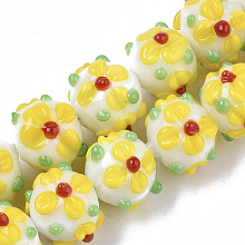 Honeyhandy Handmade Lampwork Beads Strands, Flower, Yellow, 11~12x11~12x10mm, Hole: 1.5mm, about 45pcs/strand, 17.72 inch(45cm)