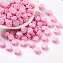 Honeyhandy Opaque Acrylic Beads, Horizontal Hole, Mixed Letters, Flat Round with Letter, Random Letters, Pearl Pink, 7x4mm, Hole: 1.5mm, about 3700pcs/500g