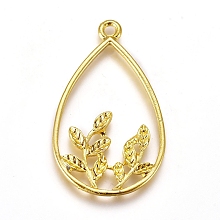 Honeyhandy Zinc Alloy Open Back Bezel Pendants, For DIY UV Resin, Epoxy Resin, Pressed Flower Jewelry, teardrop, with Leaf, Golden, 31.5x18.5x1.5mm, Hole: 1.5mm