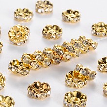 Honeyhandy Brass Rhinestone Spacer Beads, Grade A, Wavy Edge, Golden Metal Color, Rondelle, Crystal, 8x3.8mm, Hole: 1mm