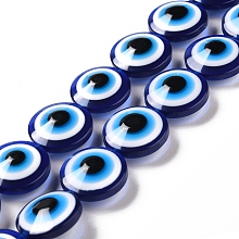 Honeyhandy Resin Imitation Lampwork Beads Strands, Flat Round with Evil Eye, Dark Blue, 20x9mm, Hole: 1.4mm, about 20pcs/strand, 15.94 inch(40.5cm)