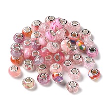 Honeyhandy Resin European Beads, with Platinum Plated Brass Core, Rondelle, Pink, 13.5x9mm, Hole: 5mm