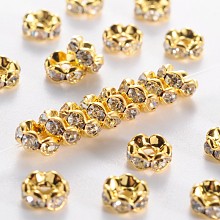 Honeyhandy Middle East Rhinestone Spacer Beads, Clear, Brass, Golden Metal Color, Nickel Free, Size: about 6mm in diameter, 3mm thick, hole: 1mm