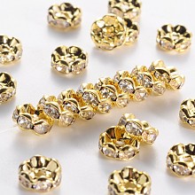 Honeyhandy Middle East Rhinestone Spacer Beads, Clear, Brass, Golden Metal Color, Nickel Free, Size: about 8mm in diameter, 3.8mm thick, hole: 1.5mm