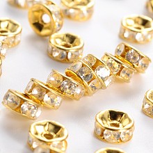 Honeyhandy Brass Rhinestone Spacer Beads, Grade B, Clear, Golden Metal Color, Size: about 6mm in diameter, 3mm thick, hole: 1mm