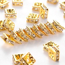 Honeyhandy Brass Rhinestone Spacer Beads, Grade A, Square, Nickel Free, White, Golden Metal Color,Size: about 5mmx5mmx2.5mm, hole: 1mm