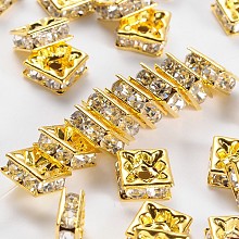 Honeyhandy Brass Rhinestone Spacer Beads, Square, Nickel Free, Golden Metal Color, Crystal, 8x8x4mm, Hole: 1mm