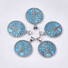 Honeyhandy Freshwater Shell Pendants, with Alloy Findings, Dyed, Flat Round with Tree of Life, Platinum, Deep Sky Blue, 37.5x33.5x3mm, Hole: 6x8.5mm