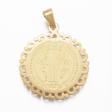 Honeyhandy 304 Stainless Steel Pendants, Flat Round with Saint Benedict Medal, Golden, 28x25x1mm, Hole: 4x7mm