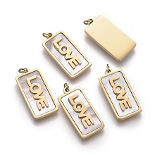 Honeyhandy Natural Shell Pendants, with Golden Plated 316 Surgical Stainless Steel Findings and Jump Rings, Rectangle with Word Love, Seashell Color, 16.5x8x2mm, Jump Ring: 4x0.6mm, Inner Diameter: 2.8mm