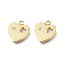 Honeyhandy Ion Plating(IP) 304 Stainless Steel Charms, Manual Polishing, with Crystal Rhinestone, Heart, for Valentine's day, Golden, 12.5x11x1.2mm, Hole: 1.8mm