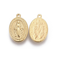 Honeyhandy 304 Stainless Steel Religon Charms, Oval with Virgin Mary, Golden, 13x8.5x1.6~1.8mm, Hole: 0.8mm