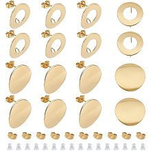 UNICRAFTALE 20pcs 2 Styles Golden Flat/Hollow Round Stud Earring Findings with Silicone Ear Nuts Stainless Steel Findings with Loop 304 Stainless Steel Stud Earring with Flat Plate for Jewelry Making