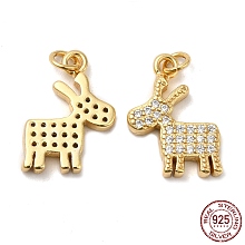 925 Sterling Silver Micro Pave Cubic Zirconia Charms, Christmas Reindeer Charm, with Jump Ring, Real 18K Gold Plated, 14.5x10.5x2mm, Hole: 2.3mm