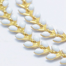 Honeyhandy Brass Handmade Chains, Unwelded, with Enameled Cobs, Long-Lasting Plated, Leaf, Real 18K Gold Plated, White, 6.5x6x0.5mm