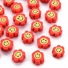 Honeyhandy Handmade Polymer Clay Beads, Flower with Smiling Face, Red, 9~10x8~9x4~5mm, Hole: 1.4~1.6mm