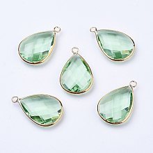 Honeyhandy Golden Tone Brass Glass Teardrop Pendants, Faceted, Light Green, 18x10x5mm, Hole: 2mm