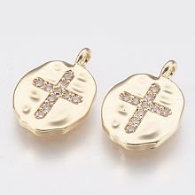 Honeyhandy Brass Charms, with Micro Pave Cubic Zirconia, Oval with Cross, Clear, Nickel Free, Real 18K Gold Plated, 14x10x1.5mm, Hole: 1.4mm