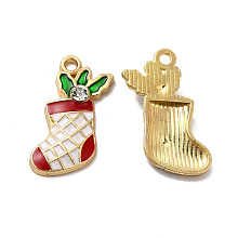 Honeyhandy Alloy Enamel Pendants, with Rhinestone, Christmas Sock Charm, Golden, 23x17.5x4.5mm, Hole: 1.8mm