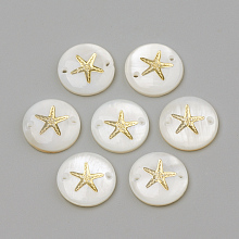 Honeyhandy Freshwater Shell Links connectors, Flat Round & Starfish/Sea Stars, Golden, 16x4mm, Hole: 1.1~1.5mm