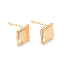 Honeyhandy 201 Stainless Steel Stud Earring Findings, with Hole and 316 Stainless Steel Pin, Rhombus, Real 24K Gold Plated, 9x7mm, Hole: 1mm, Pin: 0.7mm