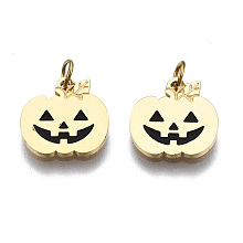 Honeyhandy 316 Surgical Stainless Steel Enamel Charms, with Jump Rings, for Halloween, Pumpkin, Real 14K Gold Plated, 10x10x1mm, Jump Ring: 3.4x0.5mm, 2.4mm inner diameter