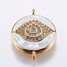 Arricraft Brass Micro Pave Cubic Zirconia Links, with White Shell, Eye, Golden, 20.5x16x4mm, Hole: 1mm