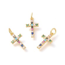 Honeyhandy Brass Micro Pave Cubic Zirconia Pendants, Cross, Colorful, Golden, 16x9x2mm, Hole: 3mm