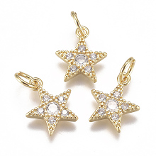 Honeyhandy Brass Micro Pave Cubic Zirconia Charms, with Jump Ring, Long-Lasting Plated, Pentagram Star, Clear, Real 18K Gold Plated, 12x10x2mm, Hole: 3mm