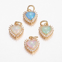 Honeyhandy Brass Micro Pave Cubic Zirconia Charms, with Synthetic Opal, Heart, Golden, Mixed Color, 14x11.5x5mm, Hole: 4mm