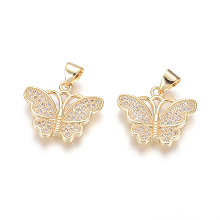 Honeyhandy Brass Micro Pave Cubic Zirconia Pendants, Butterfly, Clear, Golden, 17x19x3mm, Hole: 5x3.5mm