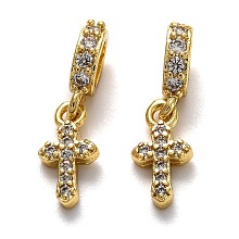 Honeyhandy Brass Micro Pave Cubic Zirconia European Dangle Charms, Large Hole Pendants, Long-Lasting Plated, Cross, Real 18K Gold Plated, 20mm, Cross: 12x6x2mm, Hole: 5x3mm