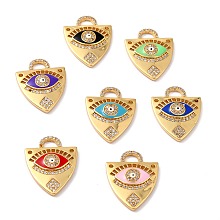 Honeyhandy Brass Micro Pave Clear Cubic Zirconia Pendants, with Enamel, Long-Lasting Plated, Shield with Evil Eye, Real 18K Gold Plated, Mixed Color, 23x17.5x3mm, Hole: 4.5x3.5mm