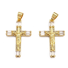 Honeyhandy Brass Micro Pave Clear Cubic Zirconia Pendants, Long-Lasting Plated, Cross, Real 18K Gold Plated, 32x20x4.5mm, Hole: 2.5x4.5mm