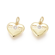 Honeyhandy Golden Plated Brass Charms, with Cubic Zirconia and Jump Rings, Heart with Word Mom, for Mother's Day, Clear, 11x11x2mm, Hole: 2.5mm