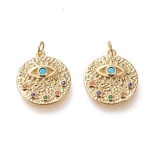 Honeyhandy Brass Micro Pave Cubic Zirconia Hammered Pendants, with Jump Rings, Long-Lasting Plated, Flat Round with Eye, Colorful, Real 20K Gold Plated, 17x15x2.5mm, Jump Rings: 5x0.8mm, 3.4mm Inner Diameter